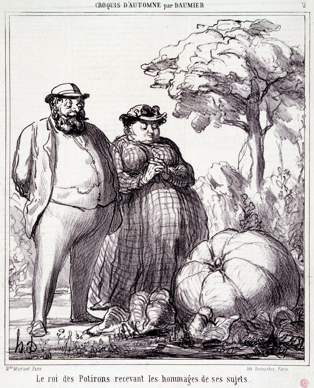 Desenho animado sobre jardinagem. Série "Autumn Sketch": "O Rei das Abóboras a receber tributos dos seus súbditos". Gravação por Honore DAUMIER (1808-1879). Extracto do jornal "Le Charivari" de 23 de Setembro de Honoré Daumier