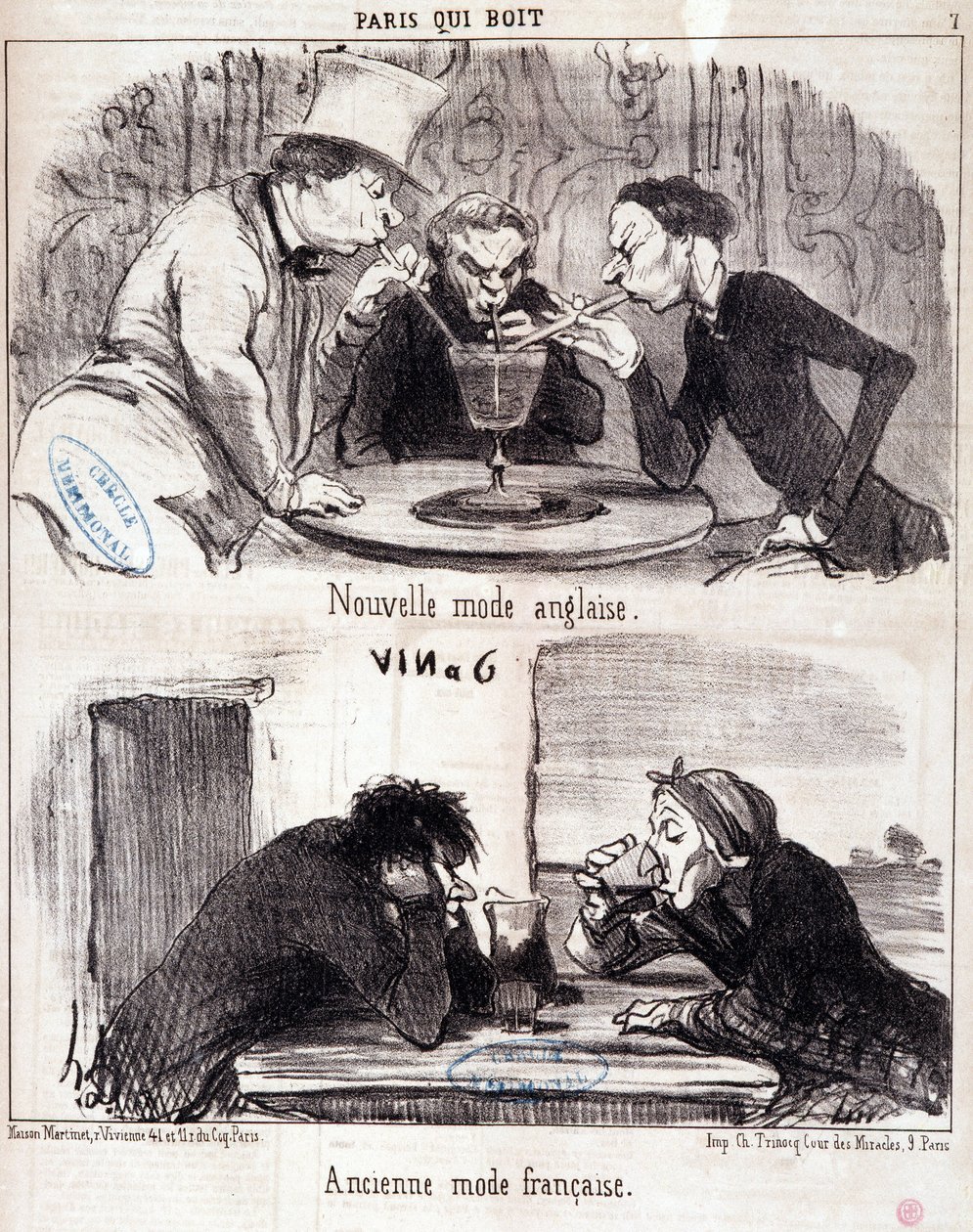 Desenho animado sobre abuso gastronómico. Série "Paris qui drinks": nova moda inglesa e antiga moda francesa. Gravação por Honore DAUMIER (1808-1879). Extracto do jornal "Le Charivari" 23 de Junho de 1852 Dim 37x26 cm Inv D 2312 - caixa 24 N¡7. Marselha, M de Honoré Daumier