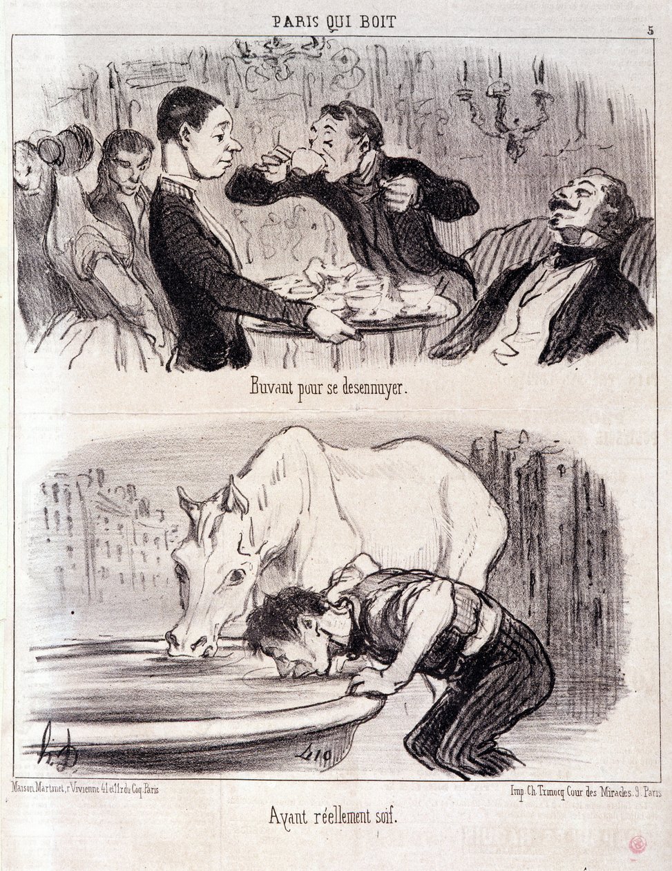 Desenho animado sobre abuso gastronómico. A Serie Paris a beber: "Beber para se aborrecer". Realmente sedento." Gravação por Honore DAUMIER (1808-1879). Extracto do jornal "Le Charivari" 16 Junho 1852 Dim 37x26cm Inv D 2310 - caixa 24 N¡5. Marselha, Musee  de Honoré Daumier