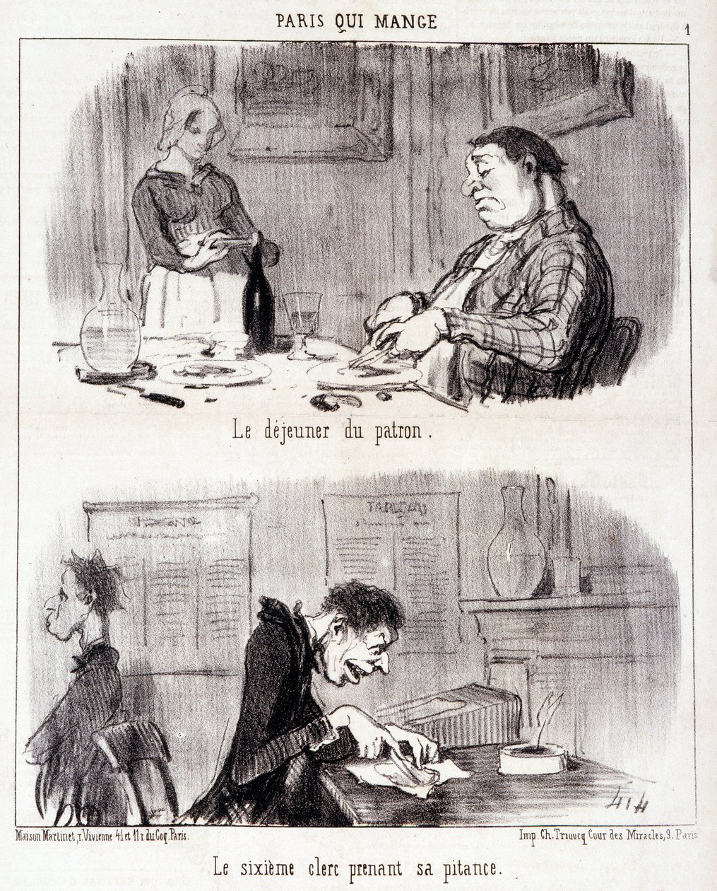 Desenho animado sobre abuso gastronómico. Serie "Paris qui mange": O pequeno-almoço do chefe. O sexto empregado toma a sua pitance. Gravação por Honore DAUMIER (1808-1879). Extracto do jornal "Le Charivari" de 26 de Junho. de Honoré Daumier