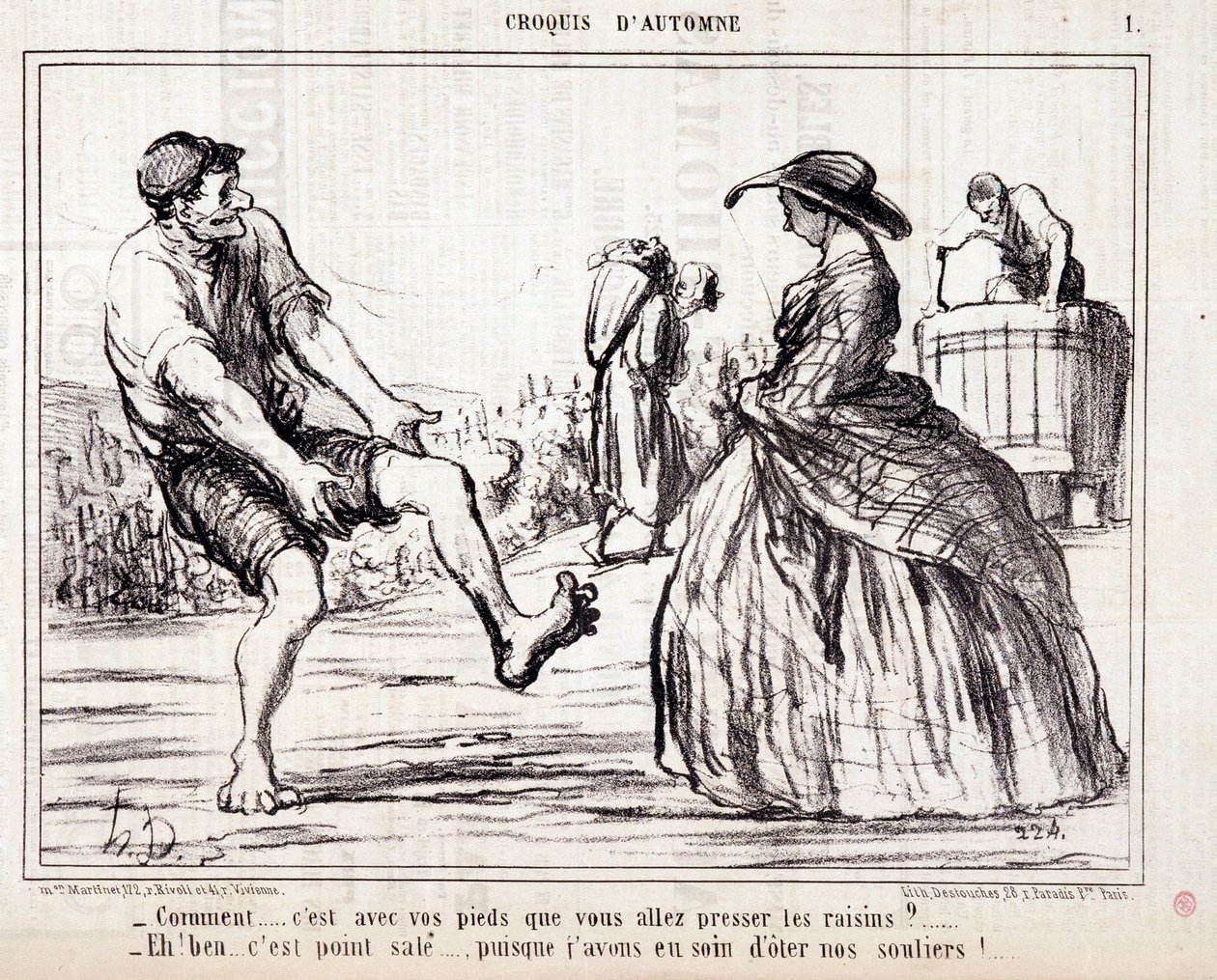 Desenho animado sobre colhedores pisando em uvas descalças. Série "Autumn Sketch": "Como... vais apertar as uvas com os pés? ..." Gravura de Honore DAUMIER (1808-1879). Extracto do jornal "Le Charivari". de Honoré Daumier