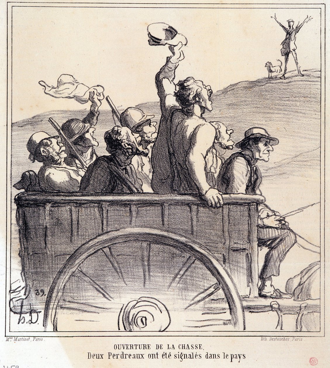 Desenho animado sobre caçadores. Serie "Autumn Sketch": Abertura da caça, duas perdizes foram sinalizadas no país", dos Jornais "Le Charivari". de Honoré Daumier