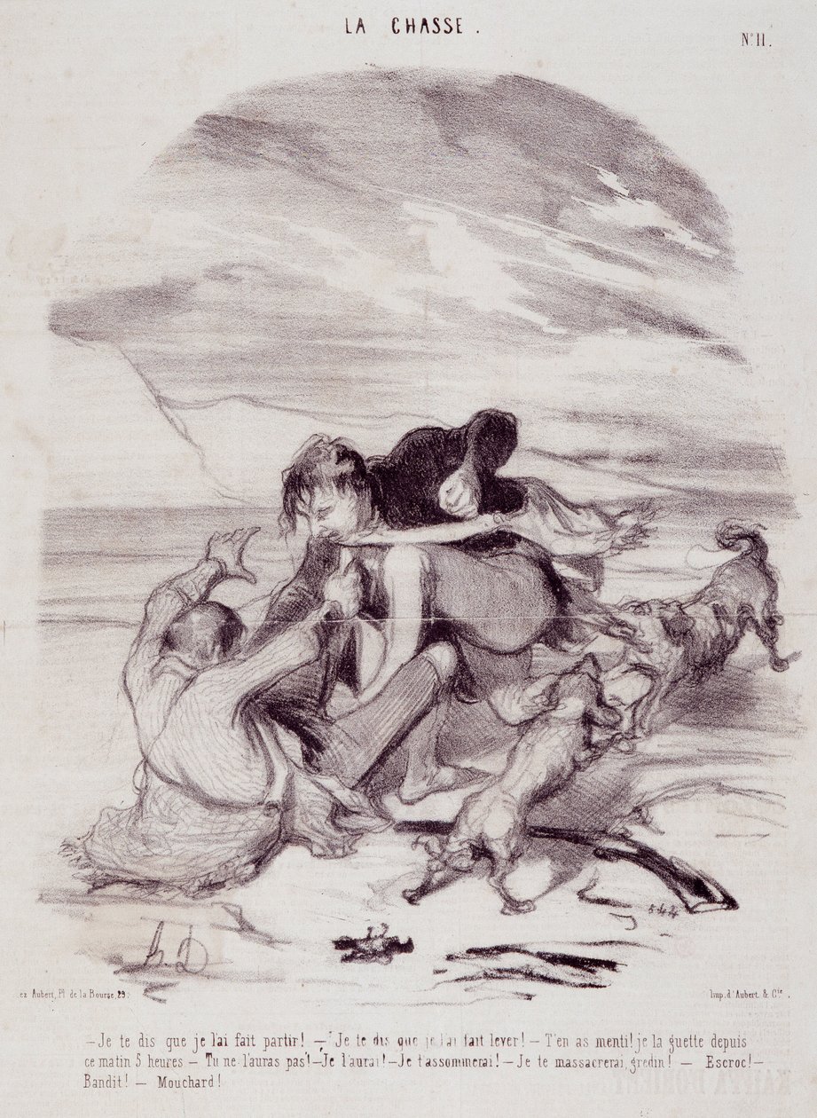 Desenho animado sobre caçadores. Série "The Beautiful Days of Life - The Hunting": "Eu digo-te que o obriguei a sair..." Gravação por Honore DAUMIER (1808-1879). Extracto do jornal "Le Charivari" de 10 de Janeiro de Honoré Daumier