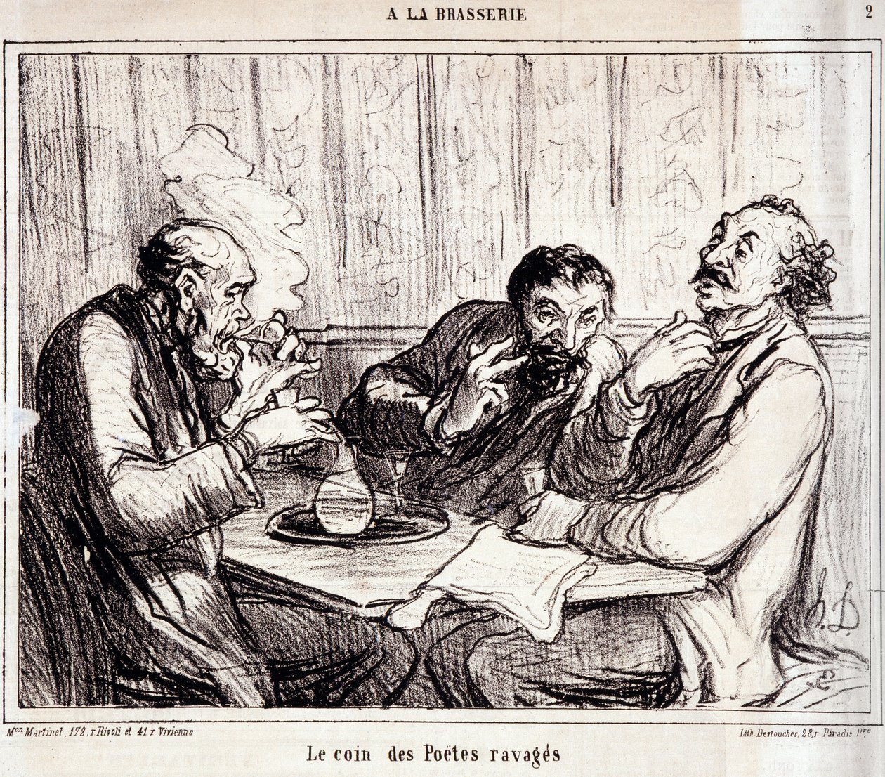 Desenho animado sobre escritores de poemas. Série "A la brasserie": "O canto dos poetas devastados". Gravado por Honore DAUMIER (1808-1879). Extrato do jornal "Le Charivari" de 7 de janeiro. de Honoré Daumier