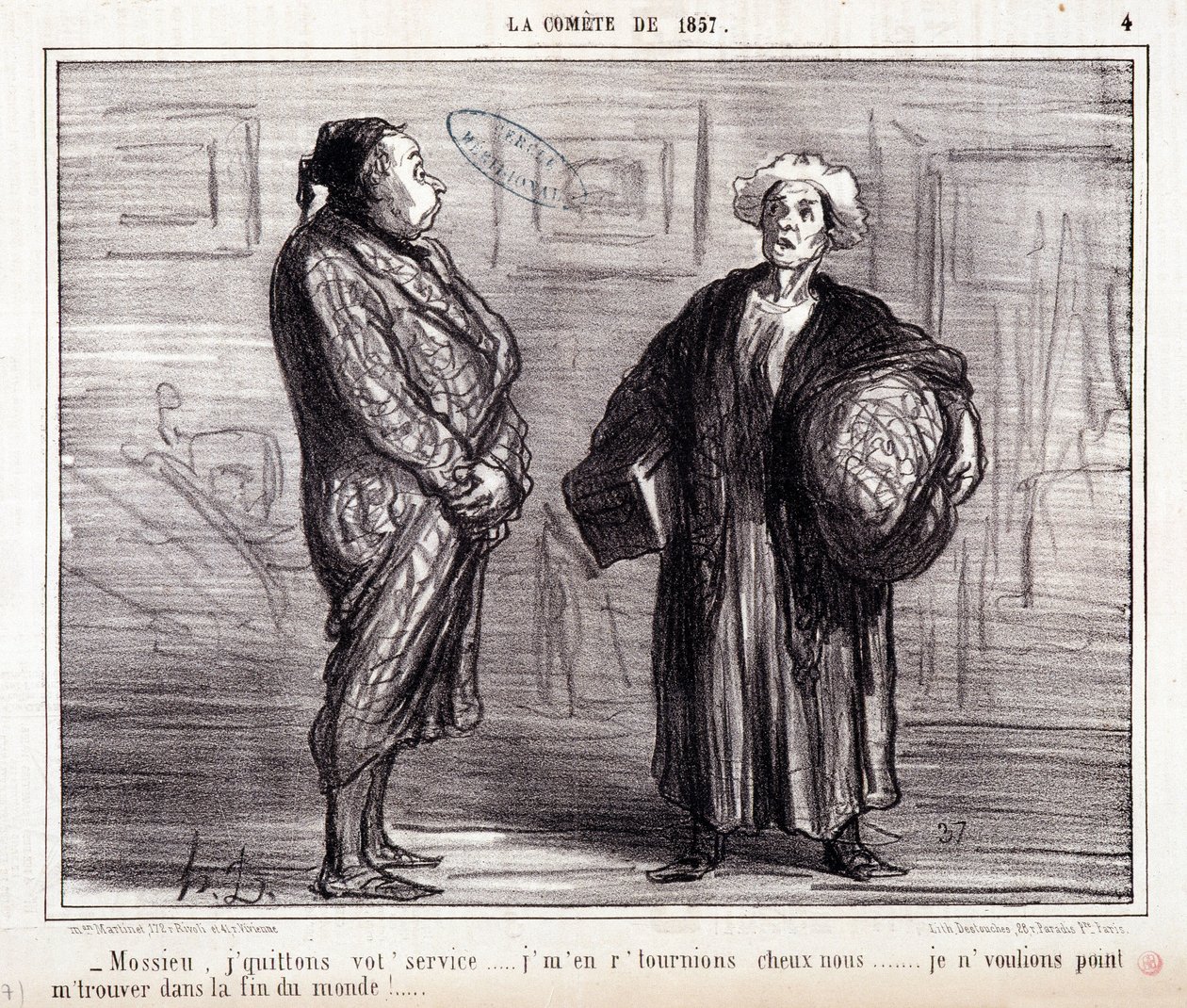 Desenho animado sobre ciência. Serie "On the Comete of 1857": "Mossieu, deixo o teu serviço..." Gravação por Honore DAUMIER (1808-1879). Extracto do jornal "Le Charivari" de 13 de Março de Honoré Daumier