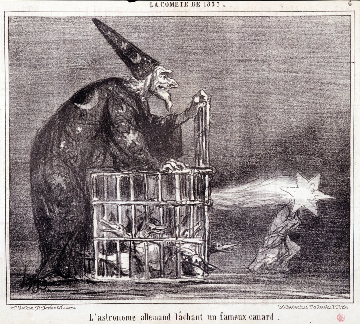 Desenho animado sobre ciência. Serie Sur "The Comete of 1857": "O Astrónomo Alemão a Deixar um Pato Famoso". Gravação por Honore DAUMIER (1808-1879). Extracto do jornal "Le Charivari" 2 de Março de Honoré Daumier