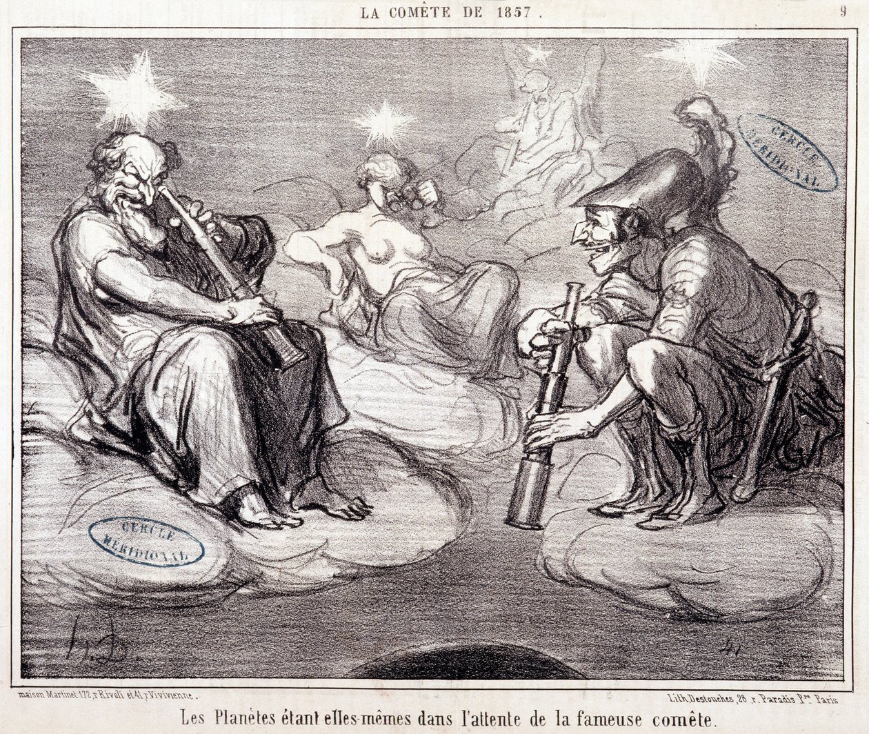 Desenho animado sobre ciência. Serie Sur "The Comete of 1857": "Os próprios planetas estão à espera do famoso Comete". Gravado por Honore DAUMIER (1808-1879), 25 de março de Honoré Daumier