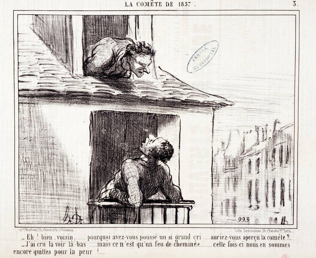 Desenho animado sobre ciência. Serie Sur "The Comete of 1857": "Bem vizinho... porque é que fizeste um choro tão grande..." Gravado por Honore DAUMIER (1808-1879). Extracto do jornal "Le Charivari" de 11 de Março de Honoré Daumier