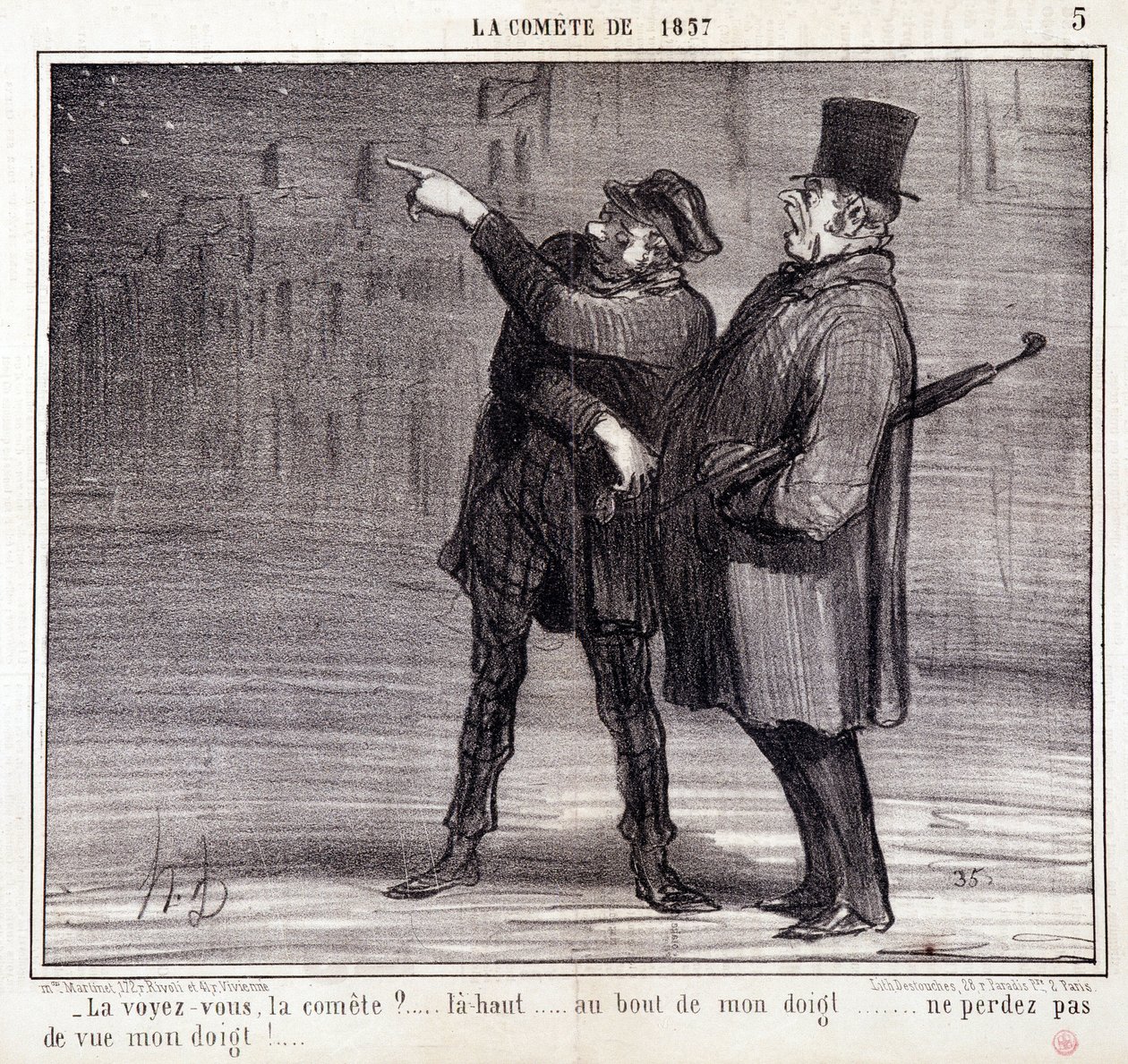 Desenho animado sobre ciência. Série sobre "O Comete de 1857": "Você vê o comitê?..." Um ladrão desvia a atenção da sua vítima. Gravação por Honore DAUMIER (1808-1879). Extracto do jornal "Le Charivari" de 19 de Março. de Honoré Daumier