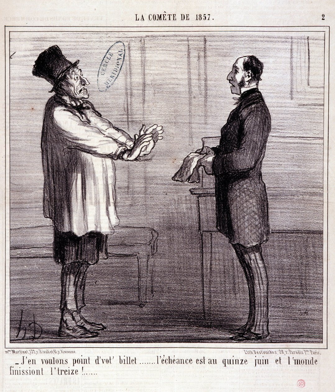 Desenho animado sobre ciência. Série sobre "O Comete de 1857": "Não quero bilhete..." Gravação por Honore DAUMIER (1808-1879). Extracto do jornal "Le Charivari" 4 de Março de Honoré Daumier