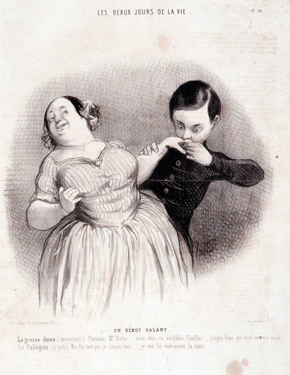 Desenho animado sobre o casal. Série "The Beautiful Days of Life": "Um começo galante..." Gravado por Honore DAUMIER (1808-1879). Extracto do jornal "Le Charivari" de 10 de Julho de Honoré Daumier