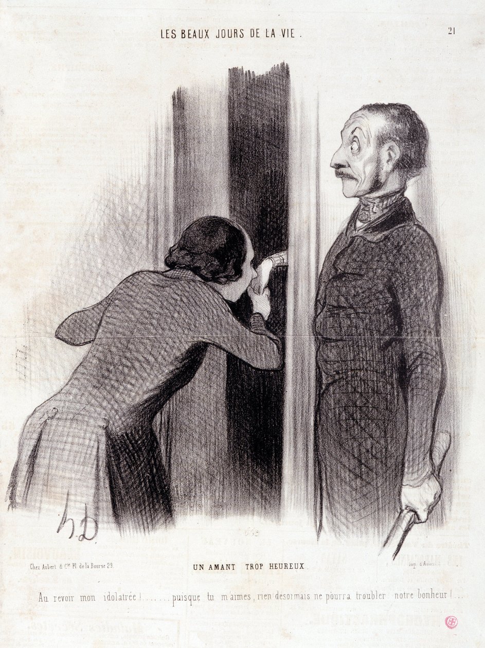 Desenho animado sobre o casal. Série "The Beautiful Days of Life": "Um amante demasiado feliz..." Gravado por Honore DAUMIER (1808-1879). Extracto do jornal "Le Charivari" de 1 de Setembro de Honoré Daumier