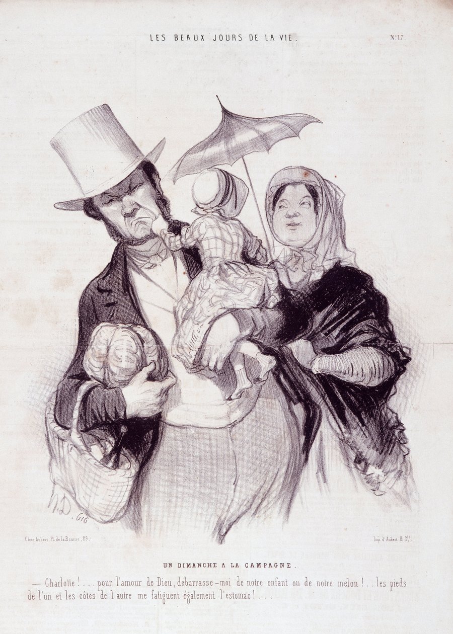 Desenho animado sobre a família. Série "The Beautiful Days of Life": "Um domingo no campo..." Gravado por Honore DAUMIER (1808-1879). Extracto do jornal "Le Charivari" de 21 de Julho de Honoré Daumier