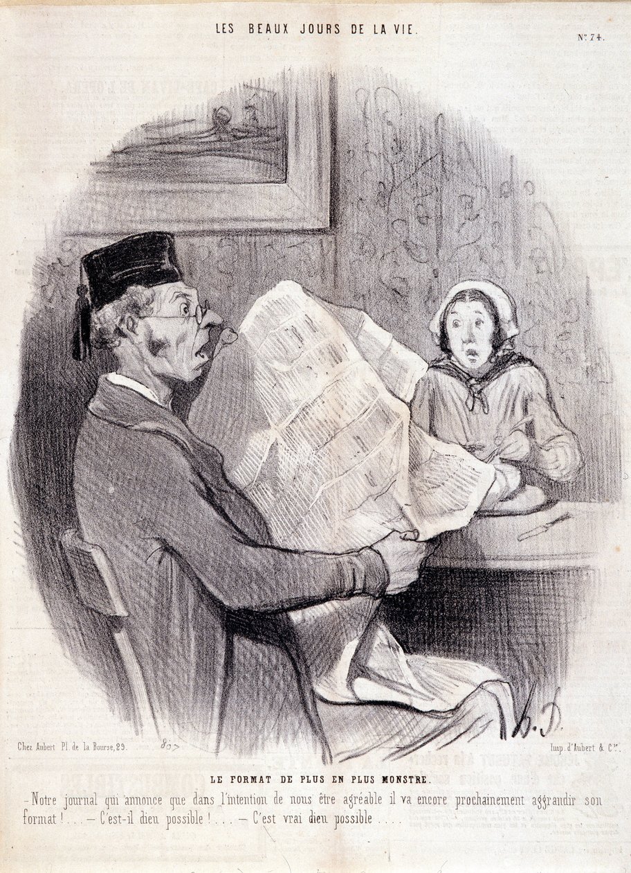 Desenho animado sobre a imprensa. Série "The Beautiful Days of Life": "O formato cada vez mais monstruoso...". Gravação por Honore DAUMIER (1808-1879). Extracto do jornal "Le Charivari" de 18 de Outubro de Honoré Daumier