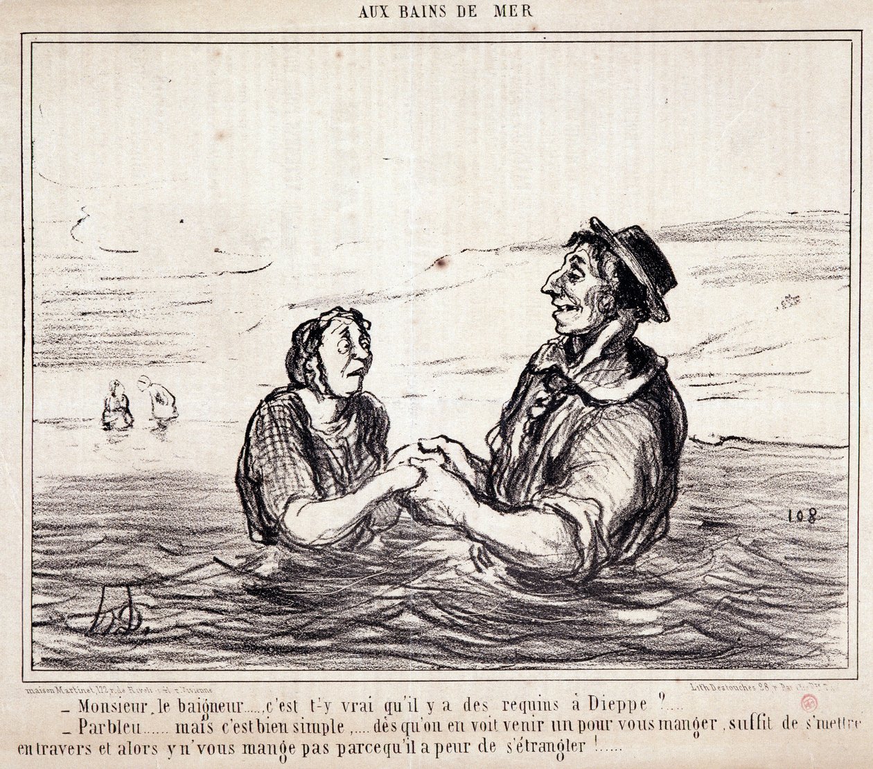 Desenho animado sobre turistas em férias. Serie "aux Bains de Mer": "Monsieur le bathneur... é verdade que há tubarões em Dieppe?..." Gravura de Honore DAUMIER (1808-1879). Extracto do jornal "Le Charivari" de 8 de Junho. de Honoré Daumier