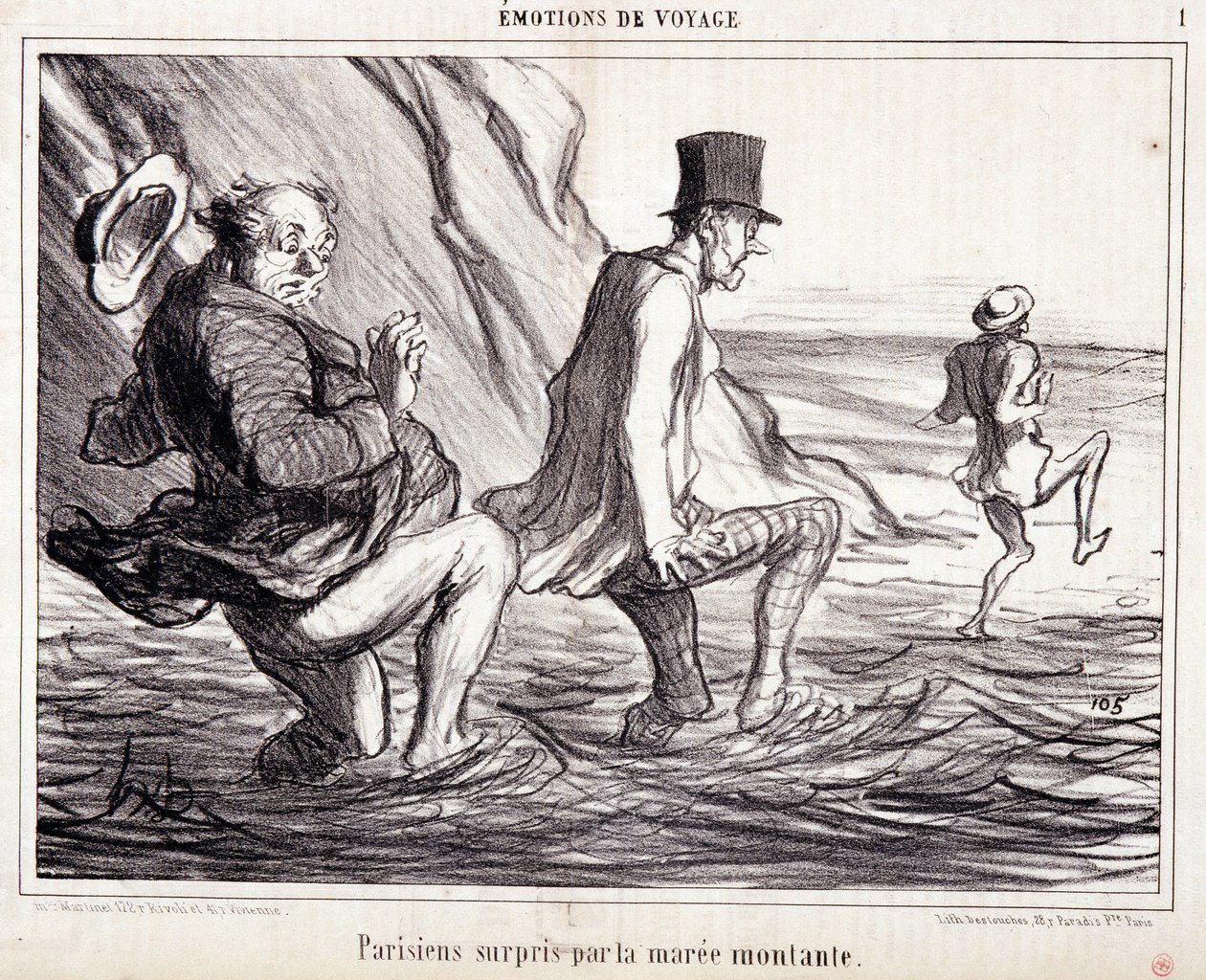 Desenho animado sobre turistas em férias. Série "Ax Bains de Mer: "Emoções de viagem". Parisian caught by the rising maree". Gravação por Honore DAUMIER (1808-1879). Extracto do jornal "Le Charivari" de 8 de Outubro de Honoré Daumier