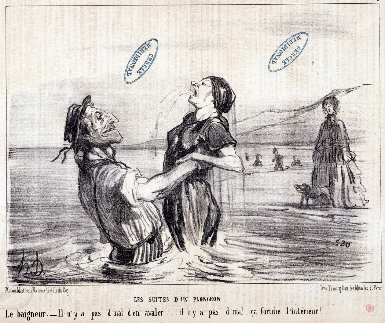 Desenho animado sobre turistas em férias. Série "Les Bains de Mer": "Esboço aquático". As sequências de um mergulho". Gravação por Honore DAUMIER (1808-1879). Extraído do jornal "Le Charivari" em 1853. Dim: 24x28cm. Inv 2453 - caixa 12 N¡1. Marselha, M de Honoré Daumier