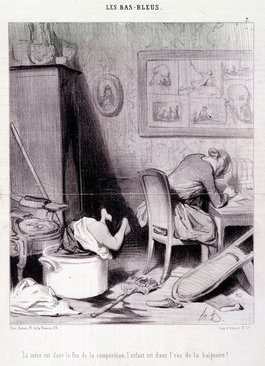 Desenho animado sobre mulheres escritoras. Serie "Bas Bleus": "A mãe está no fogo da composição, a criança está na água do banho! "Gravação por Honore DAUMIER (1808-1879). Extracto do jornal "Le Charivari" de 20 de Fevereiro de Honoré Daumier