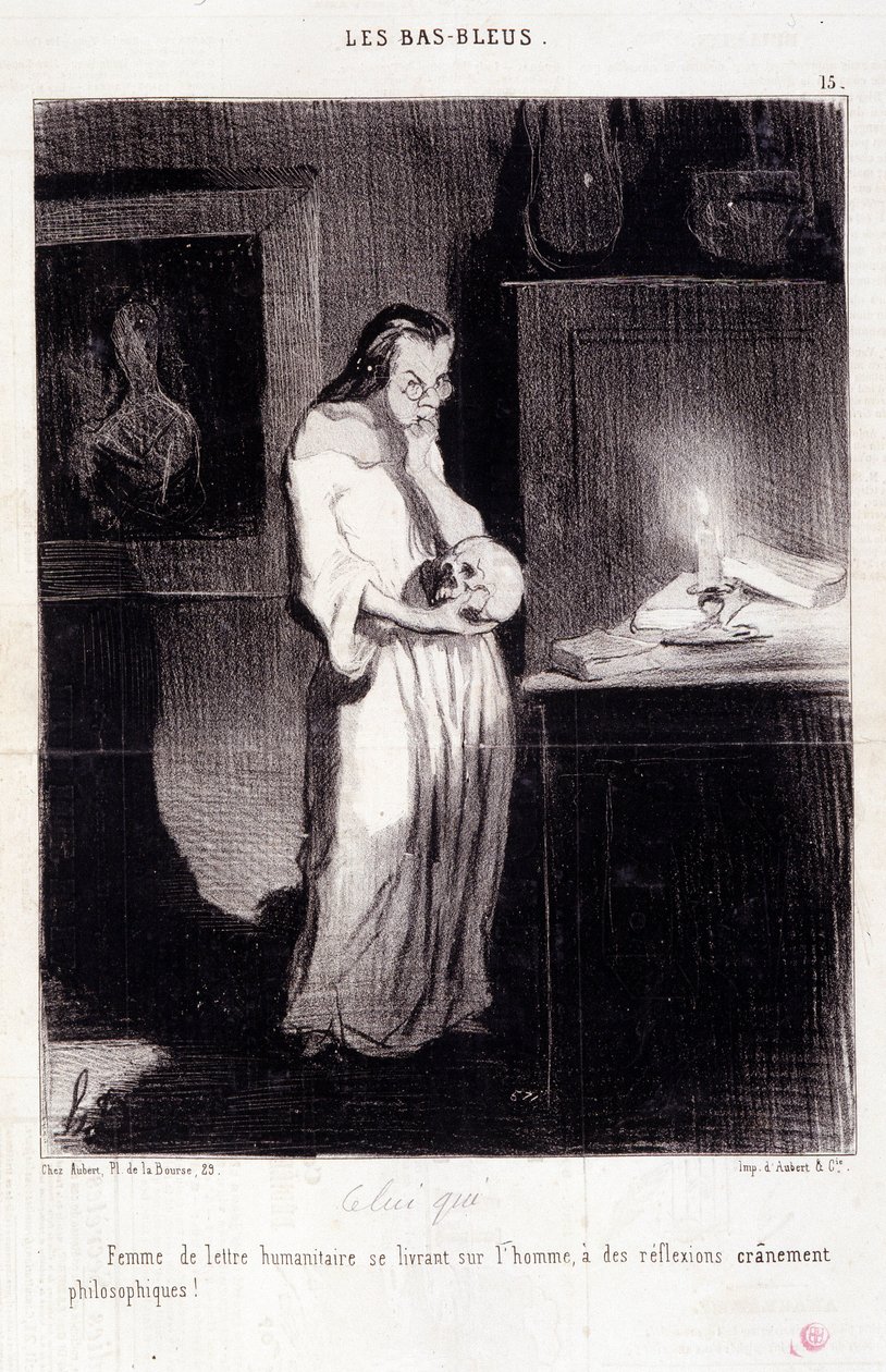 Desenho animado sobre mulheres escritoras. Serie "Les Bas Bleus": "Mulher de carta humanitária que se entrega ao homem de reflexões creanamente filosóficas! "Gravação de Honore DAUMIER (1808-1879). Extracto do jornal "Le Charivari" de 10 de Março de Honoré Daumier