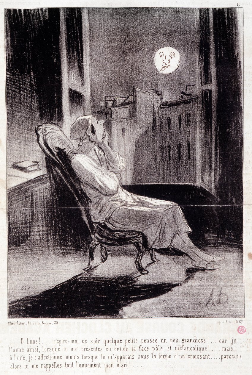 Desenho animado sobre mulheres escritoras. Série "Bas Bleus": "O! Moon inspira-me hoje à noite..." Gravado por Honore DAUMIER (1808-1879). Extracto do jornal "Le Charivari" de 28 de Fevereiro de Honoré Daumier