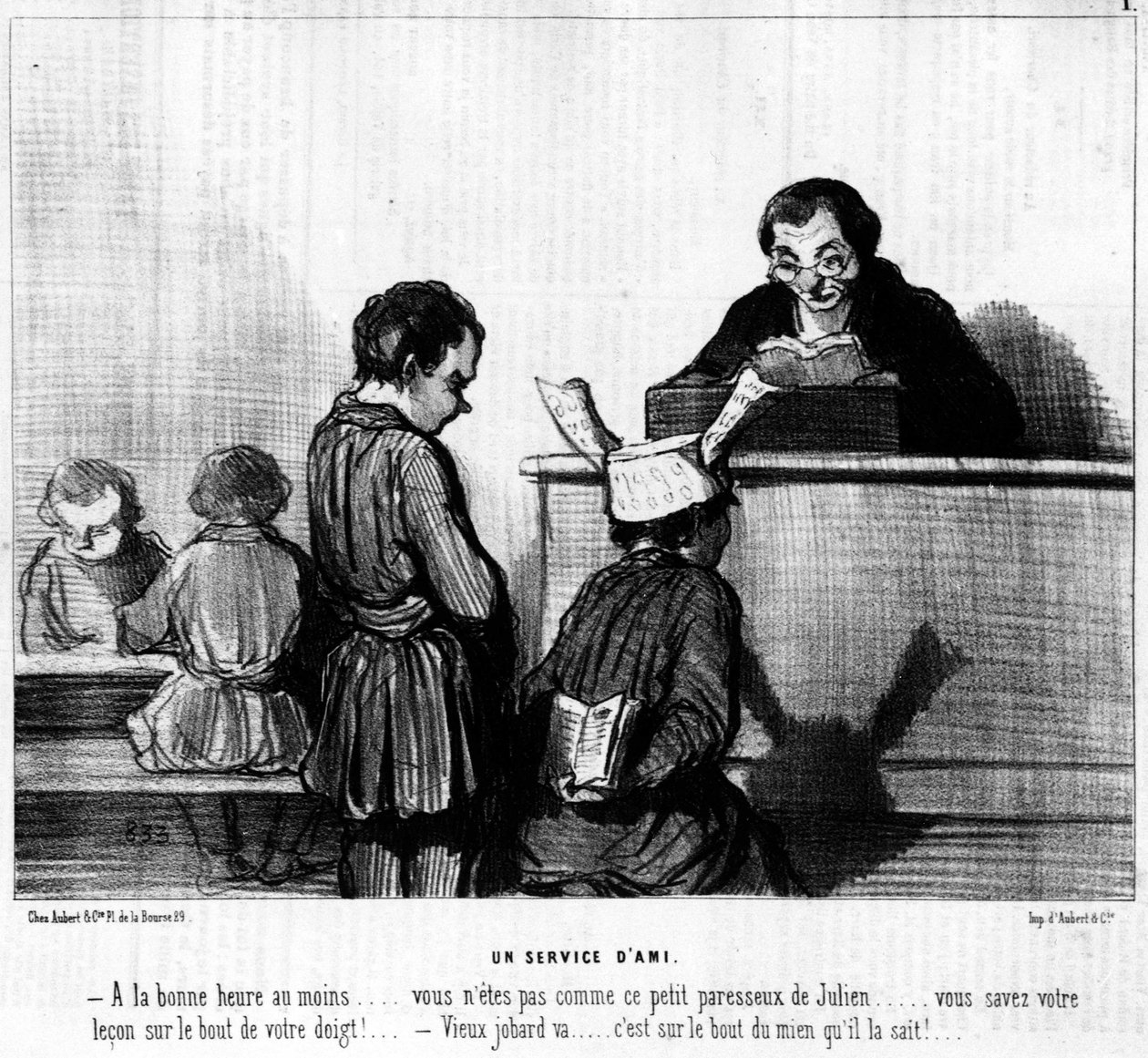 Desenho animado por Daumier sobre milho e crianças da escola. "O serviço de um amigo": - Pelo menos na altura certa... não és como este Julienzinho preguiçoso... sabes a tua lição na ponta do dedo! - O velho Jobard vai... é na ponta do meu que ele sabe... de Honoré Daumier
