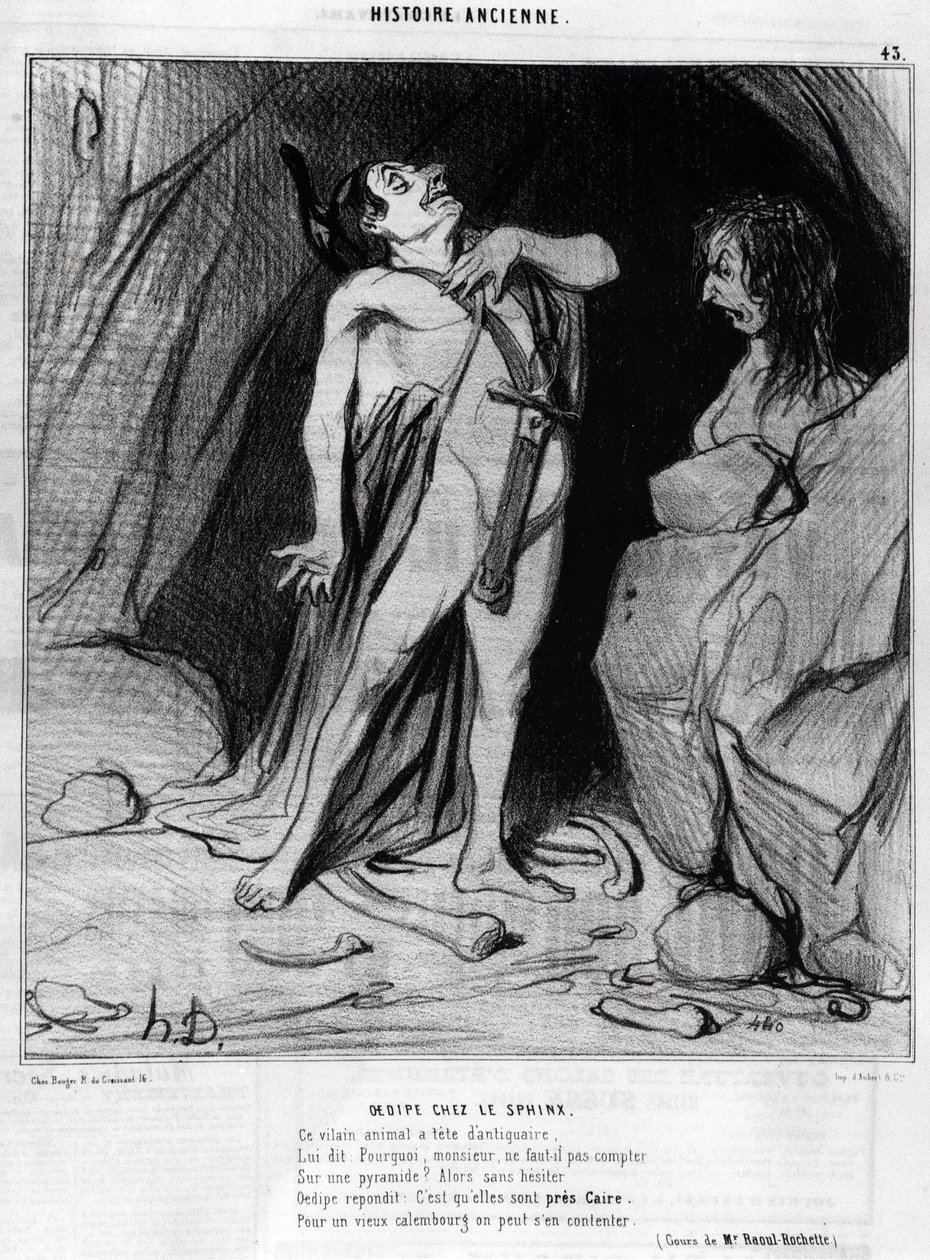 Cartoon de Honore Daumier sobre Édipo e a Esfinge, -em "Charivari", 12 de dezembro de Honoré Daumier