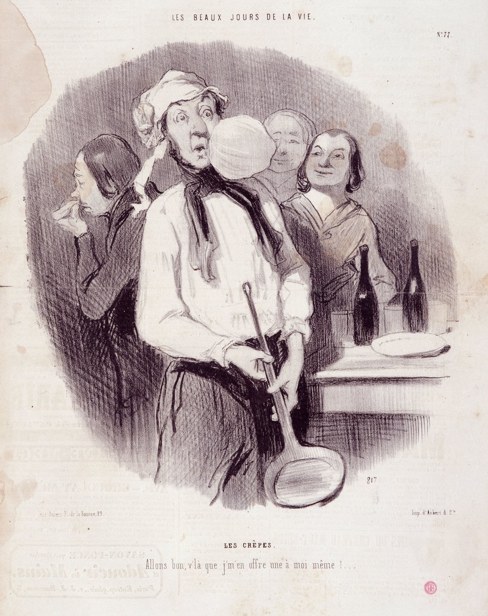 O desenho animado de um homem desajeitado. Serie "Les Beaux Days de la Vie": "Les crepes"... "Gravado por Honore DAUMIER (1808-1879)". Extracto do jornal "Le Charivari" de 14 de Novembro de Honoré Daumier