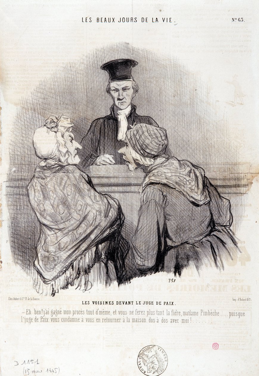 Desenho animado sobre Relações de Vizinhança: Série "Os Bons Dias da Vida": "Vizinhos perante a Justiça da Paz..." Gravado por Honore DAUMIER (1808-1879). Extracto do jornal "Le Charivari" do dia 15 de Maio de Honoré Daumier