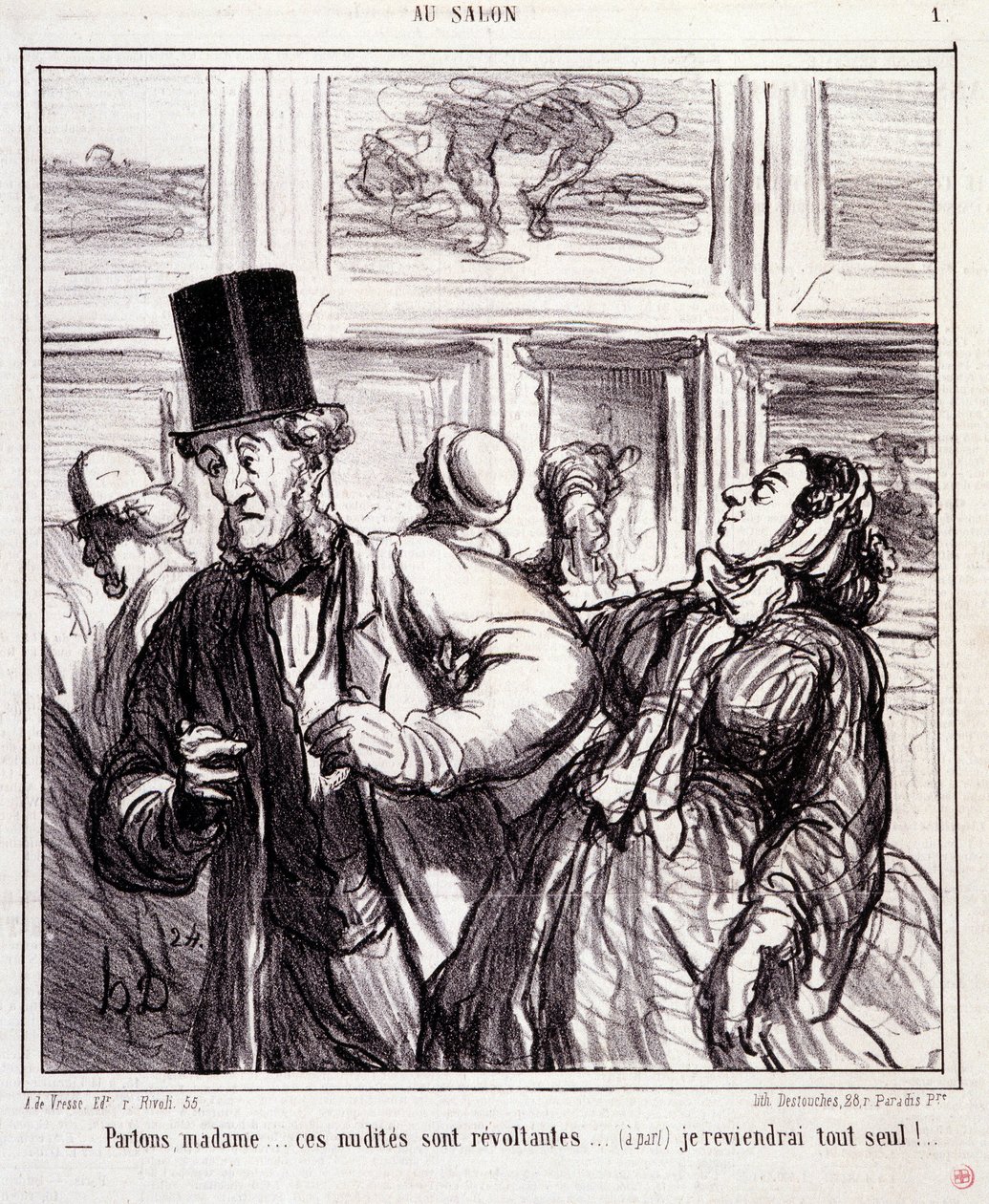 Desenhos animados sobre os amantes da arte: Serie "Au salon": Vamos deixar a senhora... estes nudistas são revoltantes... Voltarei sozinho" Gravação de Honore DAUMIER (1808-1879). Extracto do jornal "Le Charivari" de 5 de Maio de Honoré Daumier
