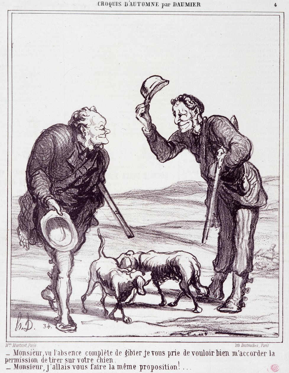 Desenho animado sobre os caçadores: Série "Sketch de Outono": "Senhor, dada a completa ausência de caça, por favor, conceda-me permissão para matar o seu cão..." Gravação por Honore DAUMIER (1808-1879). Extracto do jornal "Le Charivari" de 28 de Setembro de Honoré Daumier