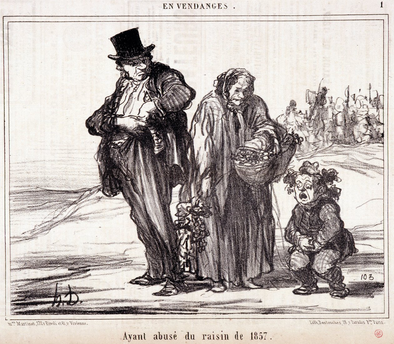 Desenho animado sobre viticultura. Série "Autumn Sketch": "Na Colheita". Tendo abuso das uvas de 1857" Gravação de Honore DAUMIER (1808-1879). Extrato do jornal "Le Charivari" de 16 de outubro de Honoré Daumier