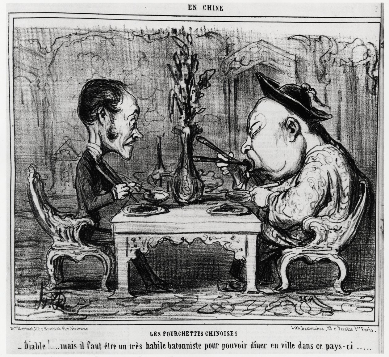 Garfos chineses: "Diabo! Mas é preciso ser um batonista muito hábil para se poder jantar na cidade neste país. ", na série En Chine, ilustração de Honore Daumier (1808-1879), publicada em "Charivari". de Honoré Daumier