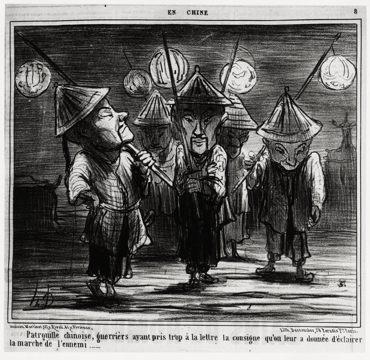 Patrulha chinesa, guerreiros que levaram à letra as instruções que lhes haviam sido dadas para iluminar a marcha do inimigo. Na serie En Chine, ilustração de Honore Daumier (1808-1879), publicada em "Charivari", datada de 25 de janeiro de Honoré Daumier