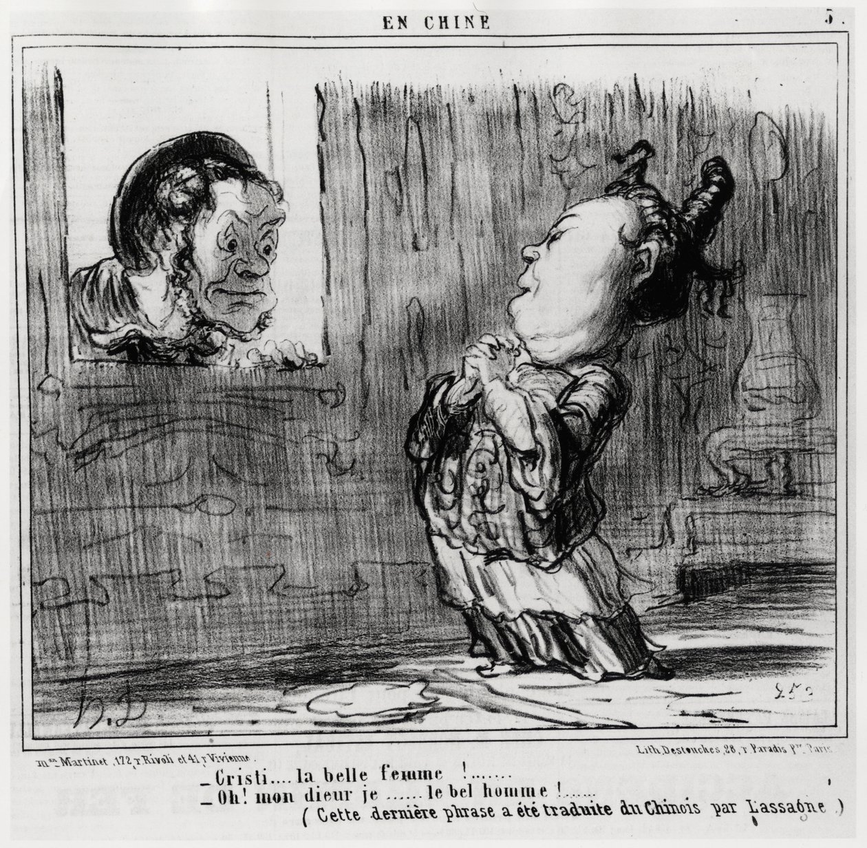 Christi, a bela mulher! ; "Oh! Deus, eu... O homem bonito!" (Esta última frase foi traduzida do chinês por Lassagne.), na série En Chine, ilustração de Honore Daumier (1808-1879), publicada em "Charivari". de Honoré Daumier