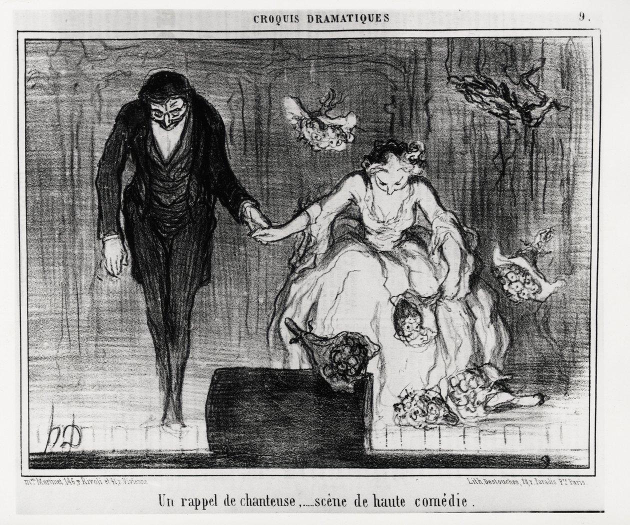 Esboços dramáticos: um lembrete de cantor, cena de alta comédia. Ilustração de Honore Daumier (1808-1879), publicada em "Charivari", datada de 9 de janeiro de Honoré Daumier