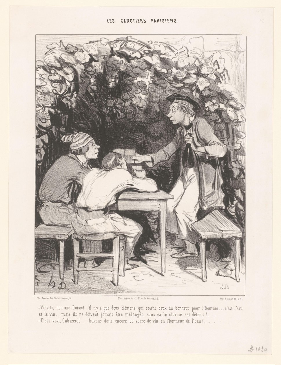 Três homens brindando com um copo de vinho Vois tu, mon ami Durant (...) (título no objeto) capitães parisienses (título da série) Les canotiers parisiens (título da série no objeto) de Honoré Daumier