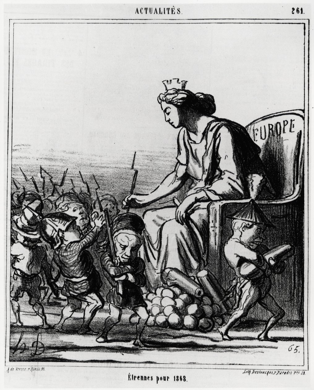 Europa: estrangeiro para 1868. A Europa distribui armas e canhões a cada representante dos países, reconhecíveis pelo seu chapéu. Illustration d