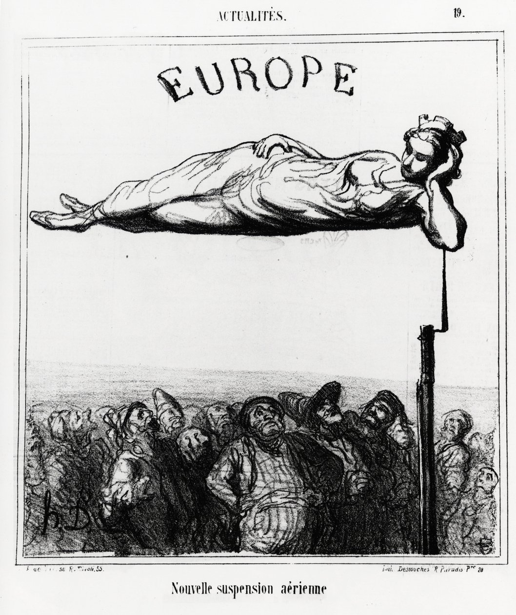 Europa: nova suspensão pneumática. Ilustração de Honore Daumier (1808-1879), publicada no noticiário "Charivari", data 7 de Fevereiro de 1867. de Honoré Daumier