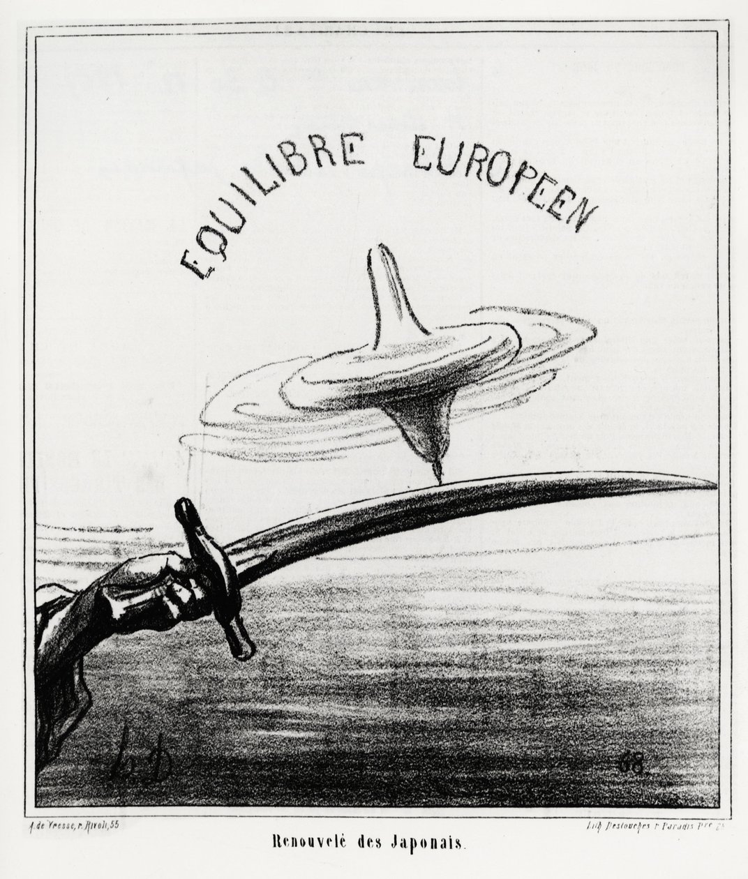 O equilíbrio europeu: reavivamento japonês. Logo após a restauração do regime imperial no Japão, após a renúncia do shoguna Tokugawa, em novembro de 1867. Illustration d