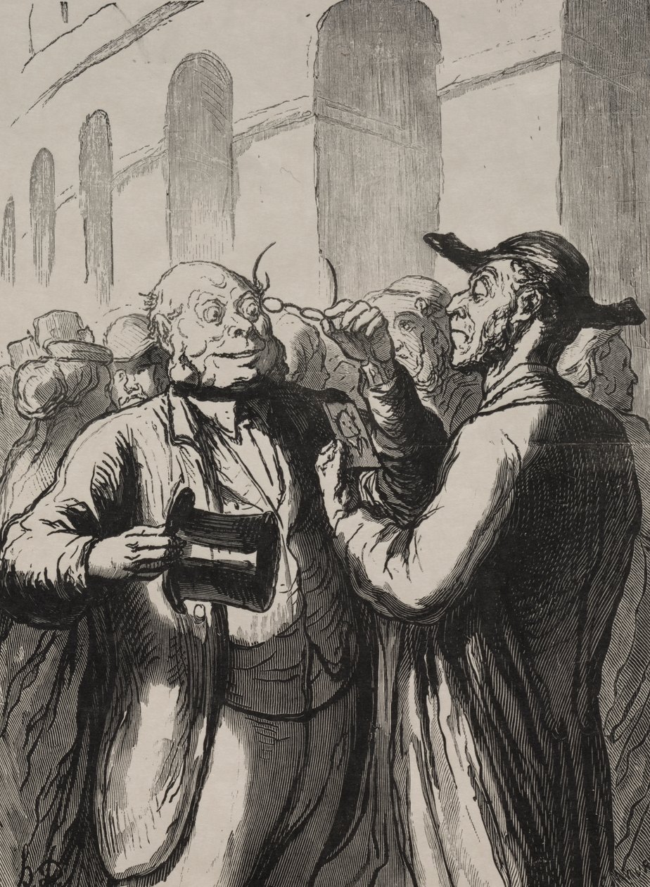 Exposição Universal: A inspeção de fotografias nas catracas. Os carecas devem tirar o chapéu e os míopes os óculos. de Honoré Daumier