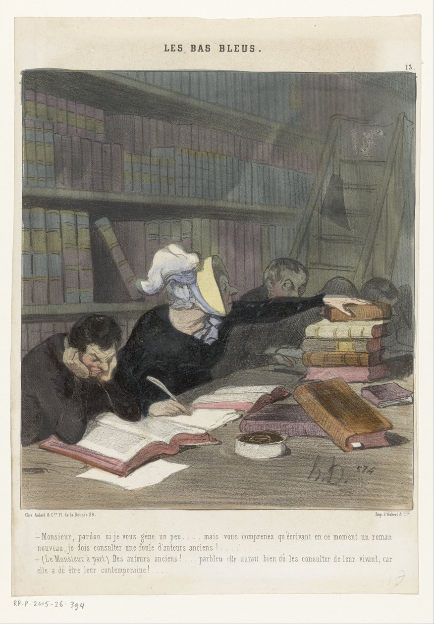 Figuras atrás de uma mesa de leitura em uma biblioteca pública Les Bas Bleus (título da série no objeto) de Honoré Daumier
