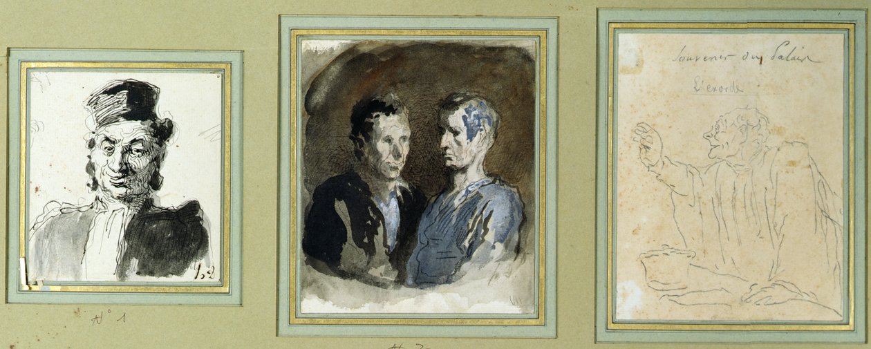 Vista frontal de um advogado, dois réus e um litigante (lápis, lavagem, wc e tinta no papel) de Honoré Daumier