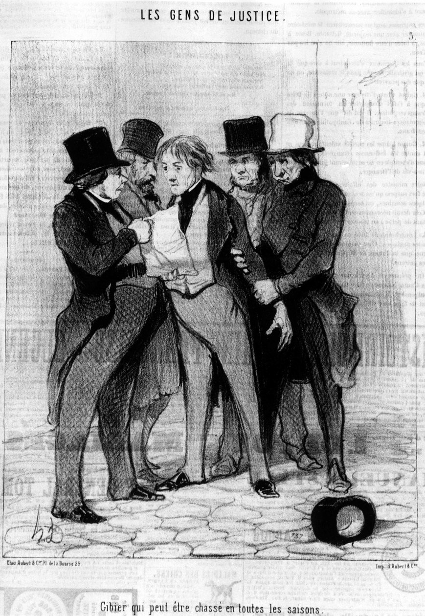 Caça que pode ser caçada em todas as estações, tirada do "Gens de Justice", série de desenhos animados sobre Justiça de Honore Daumier (1808-1879). "Charivari". de Honoré Daumier