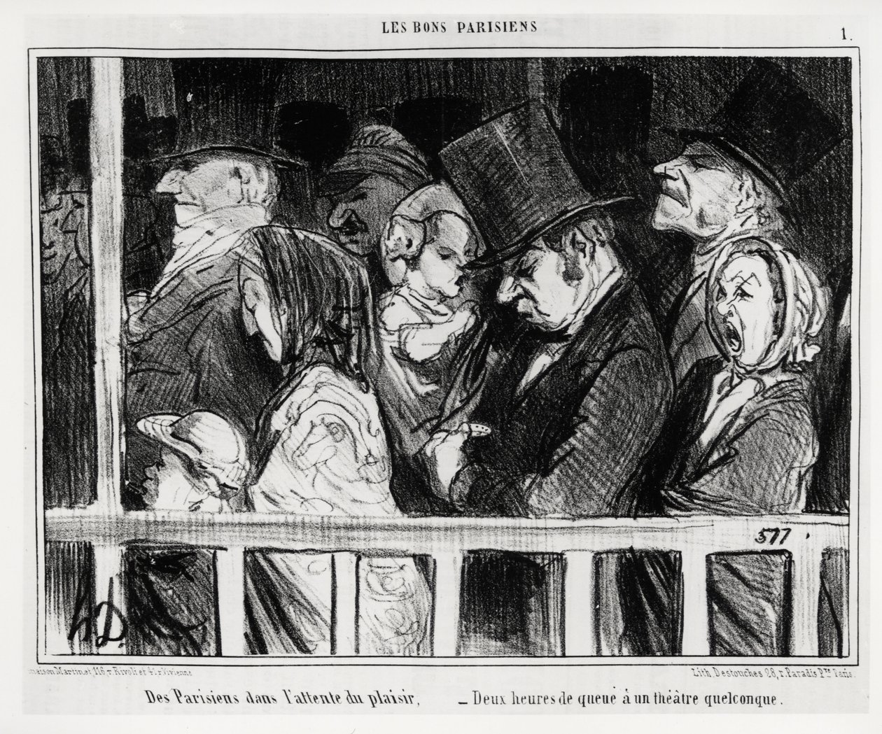 Bons parisienses: Parisienses à espera de diversão, duas horas de cauda tem algum tipo de teatro. Ilustração de Honore Daumier (1808-1879), publicada em "Charivari", datada de 5 de março de Honoré Daumier