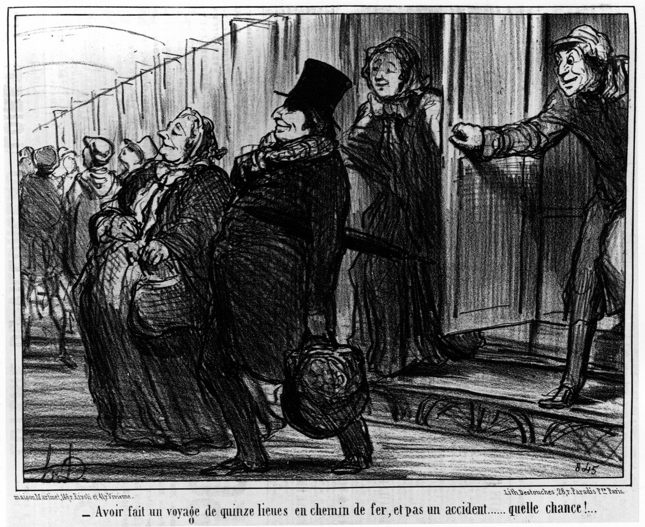 Tendo feito uma ferrovia de 15 milhas, e não um acidente... que chance!... : de "Actualites", série de desenhos animados sobre os trilhos de Honore Daumier (1808-1879). "Charivari"... de Honoré Daumier