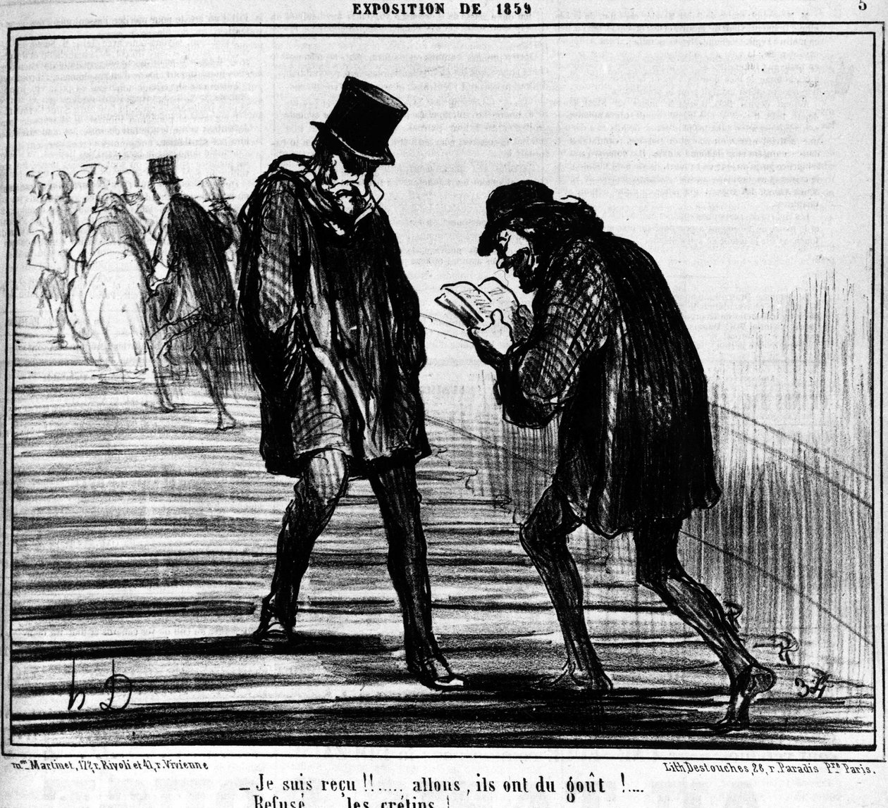 Fui recebido!!!... Vá lá, eles sabem!... - Recusem... idiotas! , retirado de "Pinturas e Salões", série de desenhos animados de Honore Daumier (1808-1879). "Charivari"... de Honoré Daumier