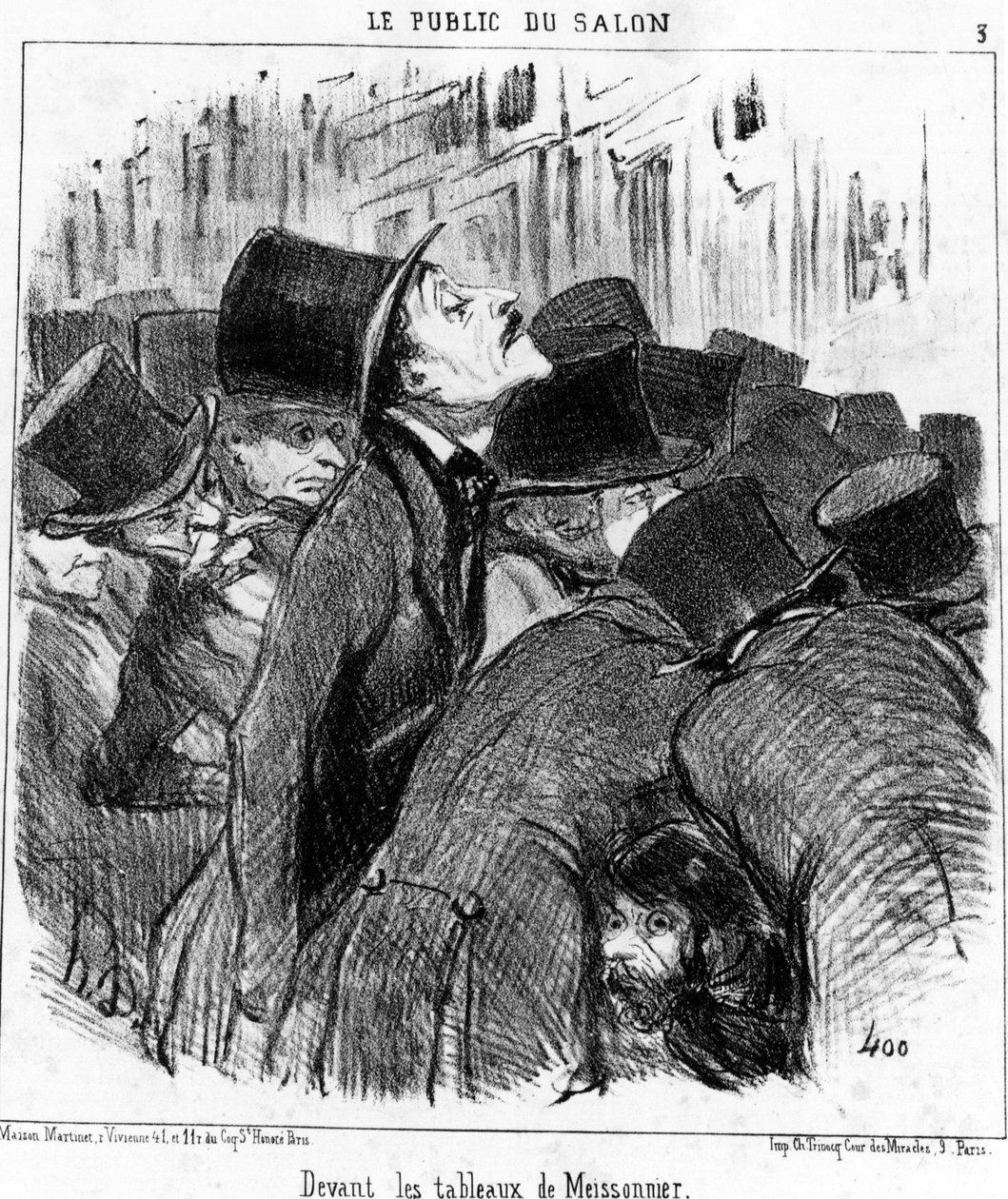 Em frente aos quadros de Meissonnier, retirados de "Pinturas e Salões", série de desenhos animados de Honore Daumier (1808-1879). "Charivari". de Honoré Daumier