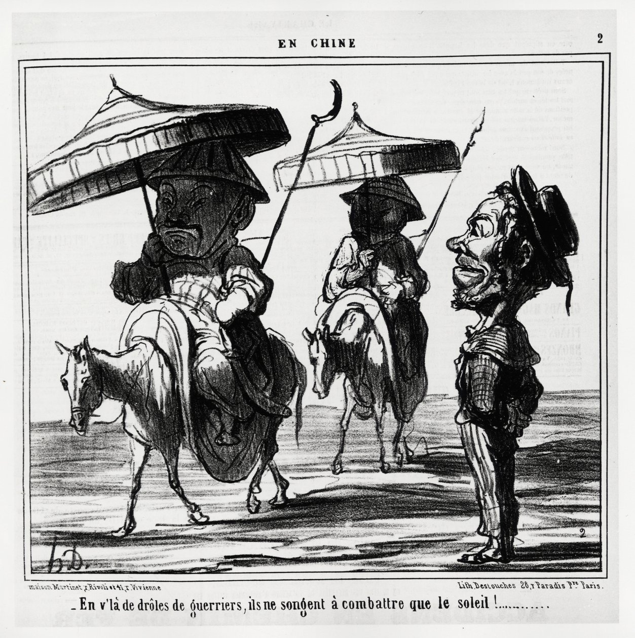 Nestes engraçados guerreiros, eles só pensam em combater o sol. Na serie En Chine, ilustração de Honore Daumier (1808-1879), publicada em "Charivari", datada de 8 de janeiro de Honoré Daumier