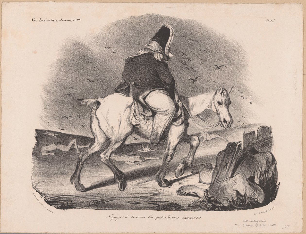 Caricatura de Louis Philip I, rei da França a cavalo entre os cadáveres Voyage à travers les peoples empressées (título no objeto) de Honoré Daumier