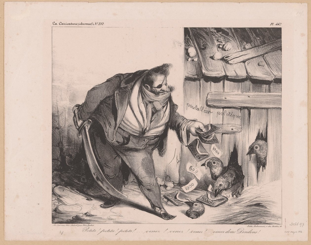 Caricatura do rei Luís Filipe I da França como bandido Petits! petits! petits! (...) Venez donc dindons! (título no objeto) de Honoré Daumier